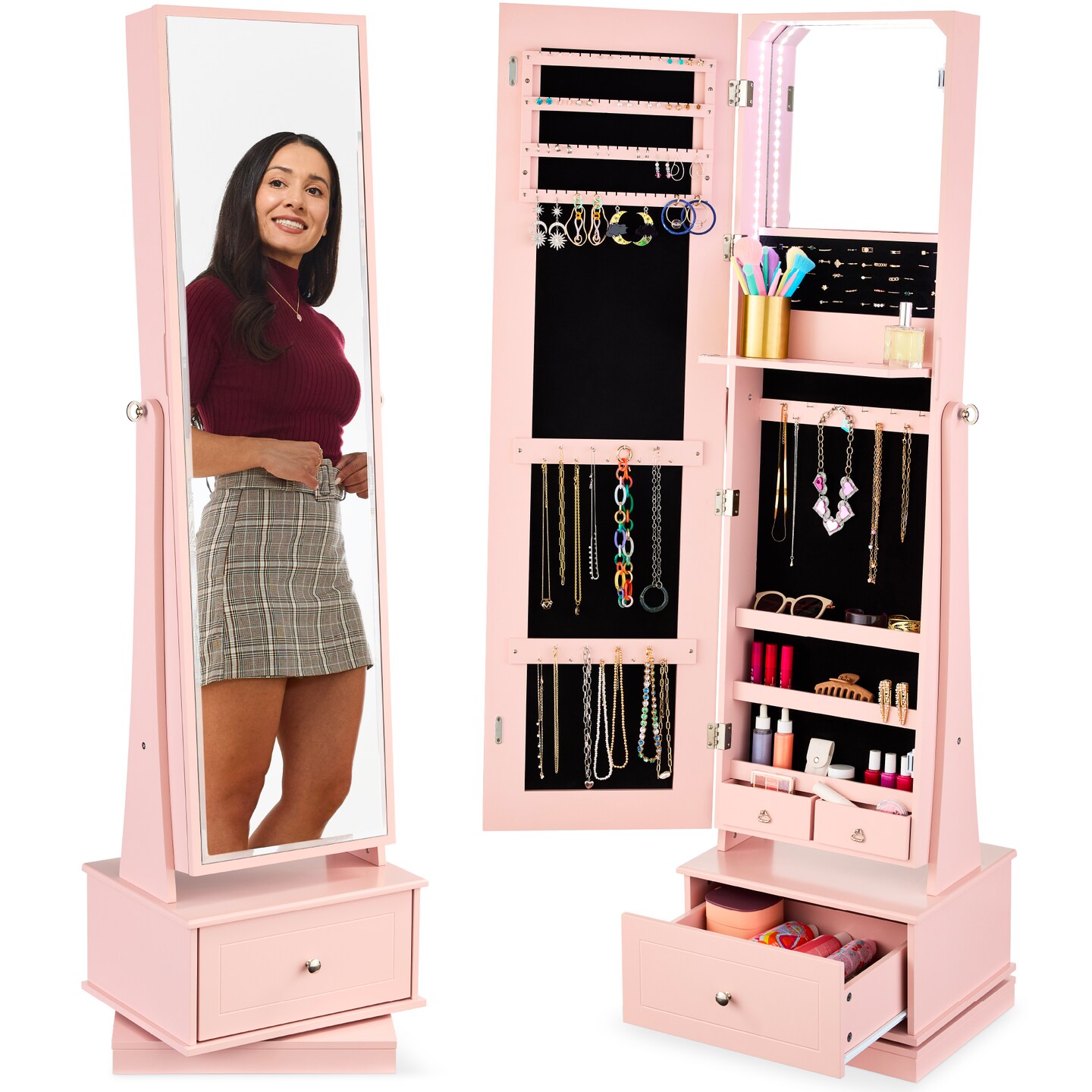 Best Choice Products 360 Swivel Standing Mirrored Jewelry Cabinet, LED-Lit Makeup Organizer w/ Mirror