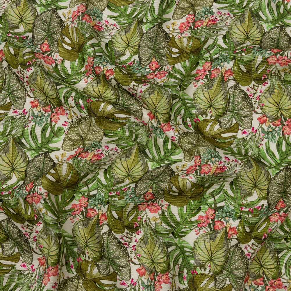 1 Yard Polka Dotted Viscose Jacquard Print White and Green Leaves and Flowers 55 Inches Width