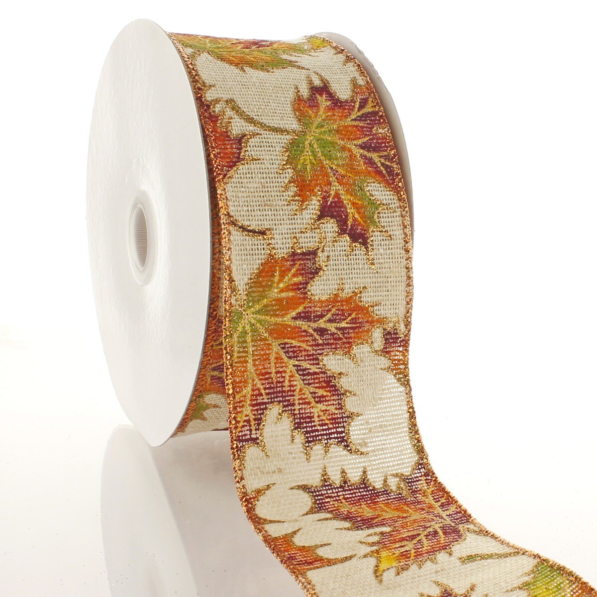 2 1/2&#x22; Wired Ribbon Fall Leaves on Natural Burlap 10 Yards