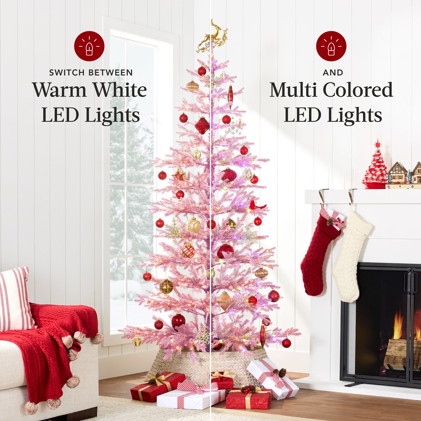 Best Choice Products Pre-Lit Flocked Sparse Christmas Tree Artificial Pine Tree, w/White &#x26; Multicolored LED Lights - Pink