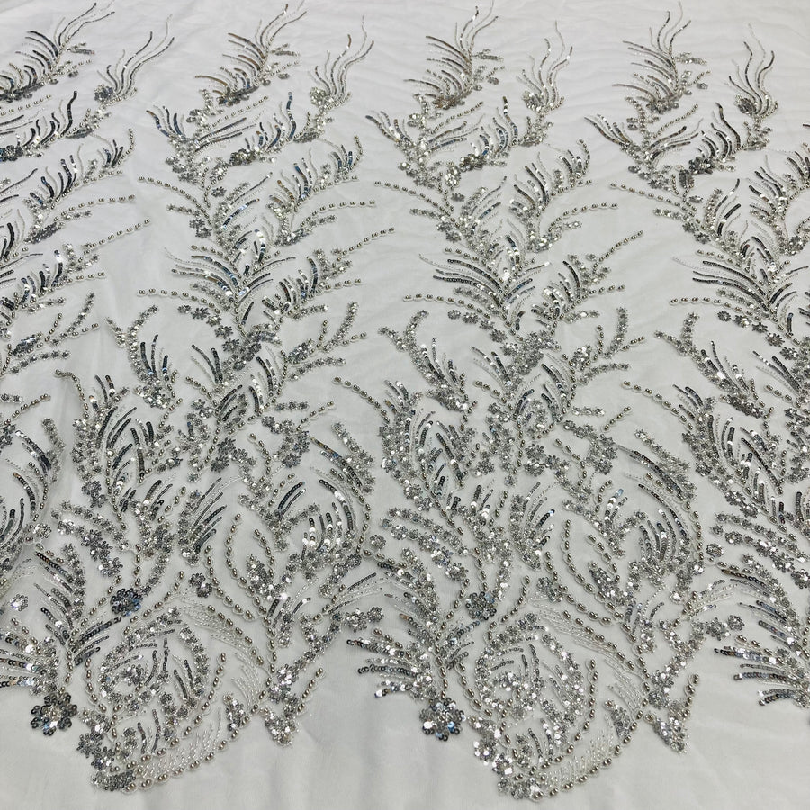 1 Yard Beaded Lace Fabric Embroidered on 100% Polyester Net Mesh - 51" Width