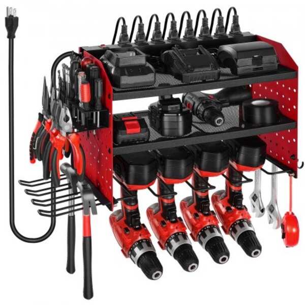 3-Tier Wall Hanging Tool Rack with Built-In 8-Outlet Power Strip and Adjustable Middle Shelf