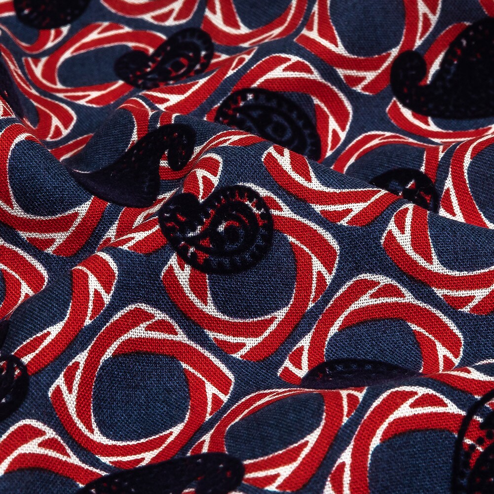 1 Yard Salsa and Navy Flocked Paisley Twisted Squares Printed Viscose Woven Fabric Width 57 Inches