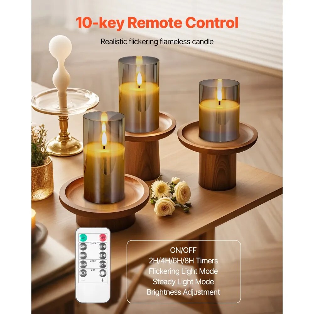 Set of 3 Grey Flickering Flameless LED Candles Battery Operated with Remote Timer Real Wax
