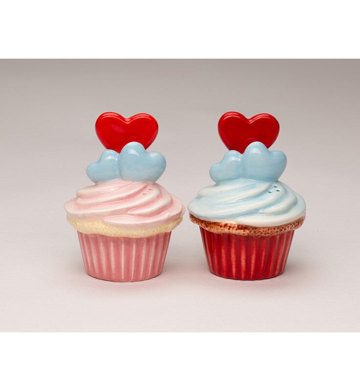 Ceramic Hearts Cupcake Salt and Pepper Shakers, Valentines Day Decor, Wedding Table Decor, Gift for Her