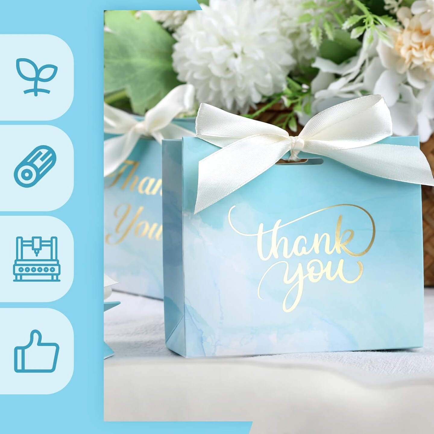 Thank You Gift Bags, Light Blue Bags with Gold Lettering and Bow Ribbon, 24 Pack, for Wedding Bridal Baby Shower Birthday