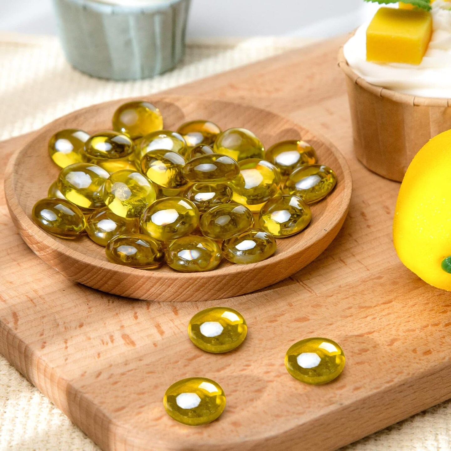 1LB Yellow Flat Glass Marbles, Glass Beads Floral Pebbles Decorative Rocks Gold Gemstones Vase Fillers for Centerpieces Table Scatter Aquarium Fall Home Decor