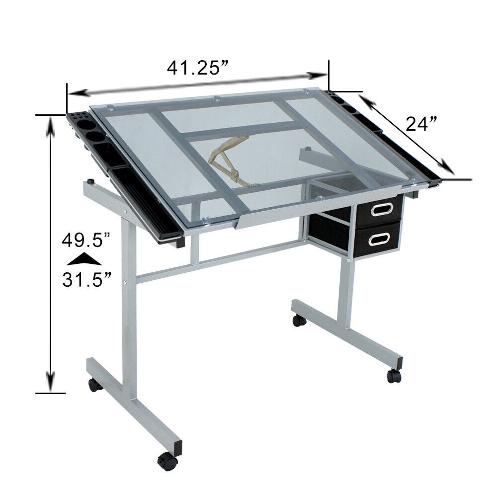 Adjustable Glass Drafting Table on Wheels – Drawing Desk with Storage Drawer