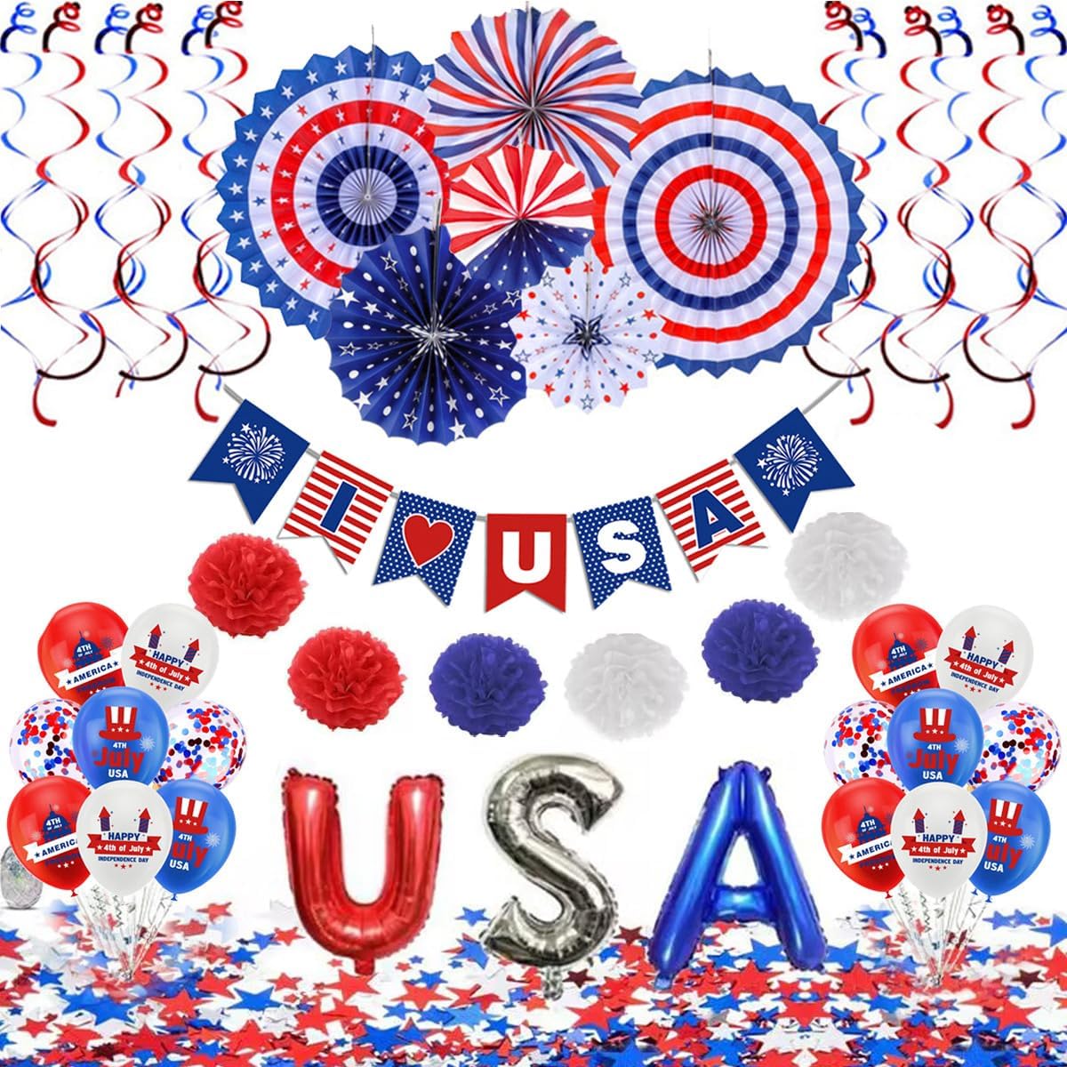 59 Pieces of July 4th Decoration Independence Day Patriotic Decoration Set - Fourth of July Red White Blue Paper American Flag Fans Star Ribbon Commemorative Veterans Labor Presidential Flag Day