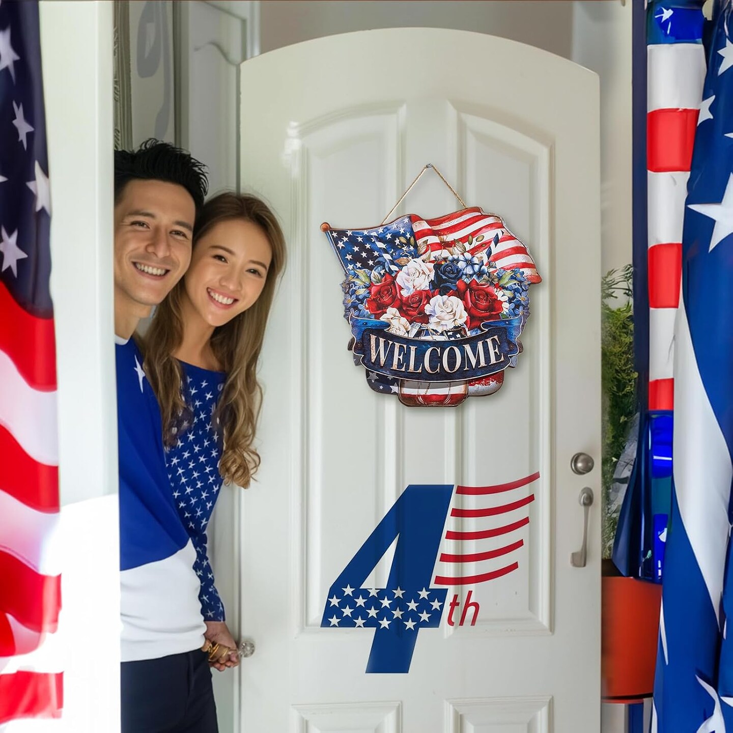 4th of July Decorations for Door: Metal Patriotic Wreath Outdoor 14&#x22; Red White and Blue Decor Fourth July Memorial Day Sign Large Mason Jar Wall Hanging Independence Vintage for Outside Indoor