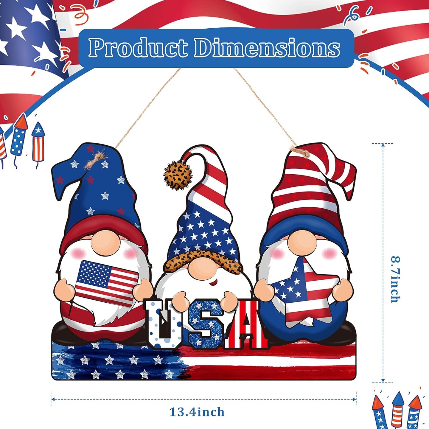 4th of July Wooden Decoration Patriotic Hanging Door Sign with Rope, American Flag Rustic Wooden Plaque for Independence Day Memorial Day Front Door Porch Wall Window Decor(Gnome Style)