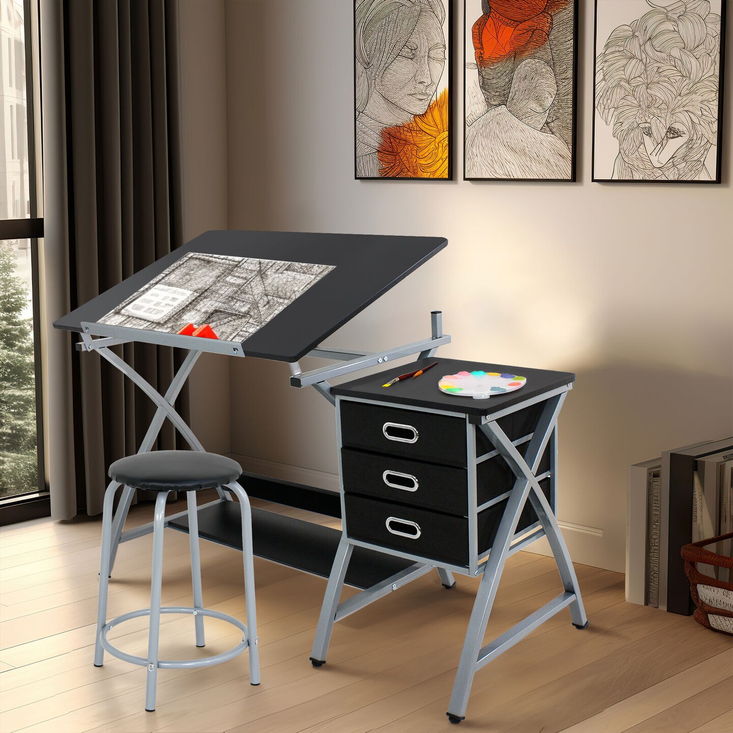 Drafting Table and Stool Set &#x2013; Artist Drawing Desk with Drawers
