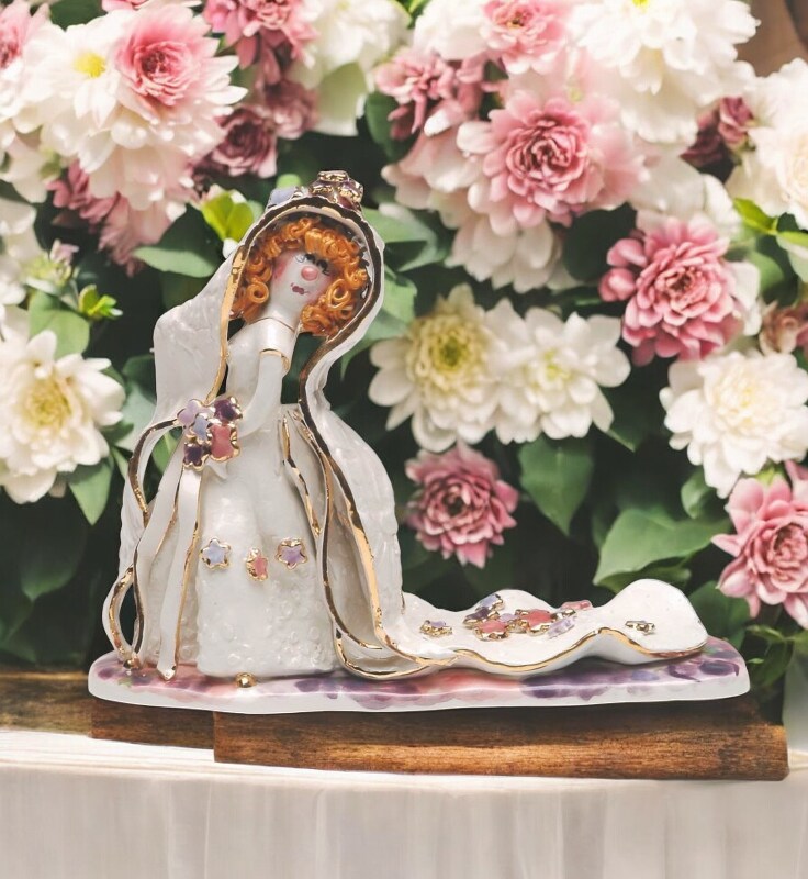 Ceramic Bride with Curly Hair Figurine, Wedding Gift, Wedding Decor