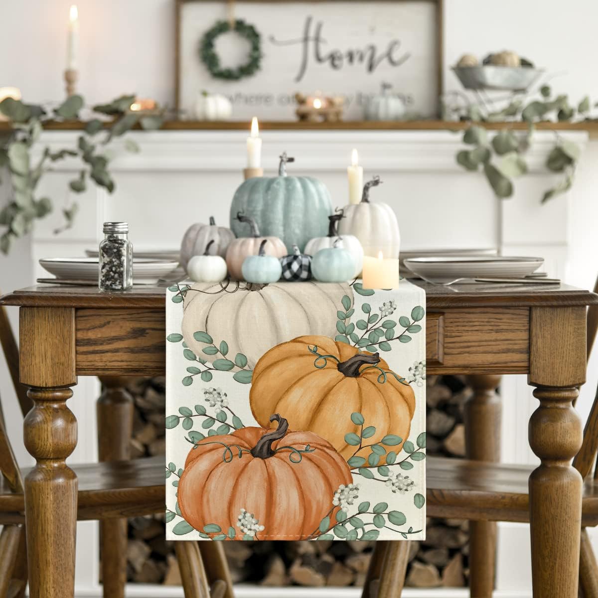 Orange - Pumpkins Eucalyptus Leaves Fall Table Runner