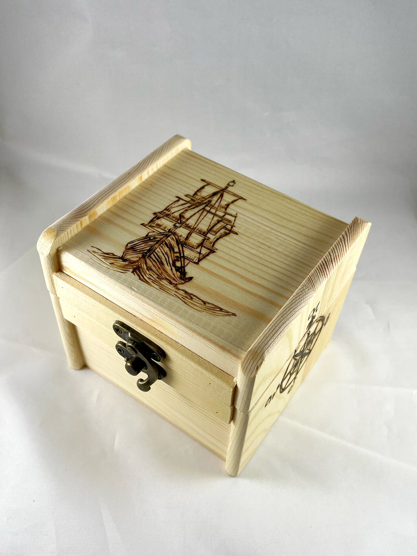 Ship Sailing the Ocean Trinket Box, Pyrography Wood Burning Art