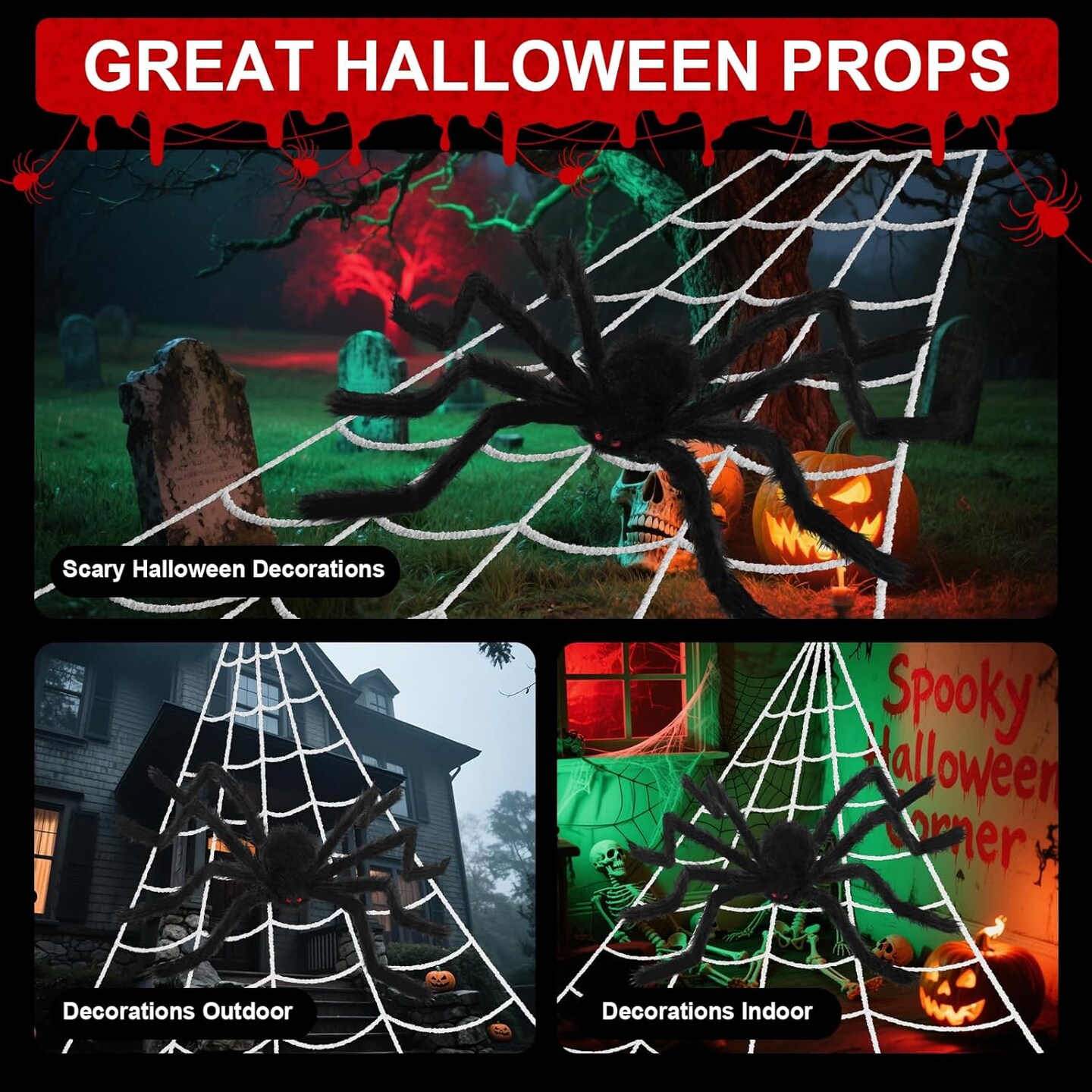 236" Giant Spider Web Halloween Decoration with 70" Huge Spider – Triangular Outdoor & Indoor Halloween Spider Web for House, Yard, Porch, and Party Decor (White, Black)