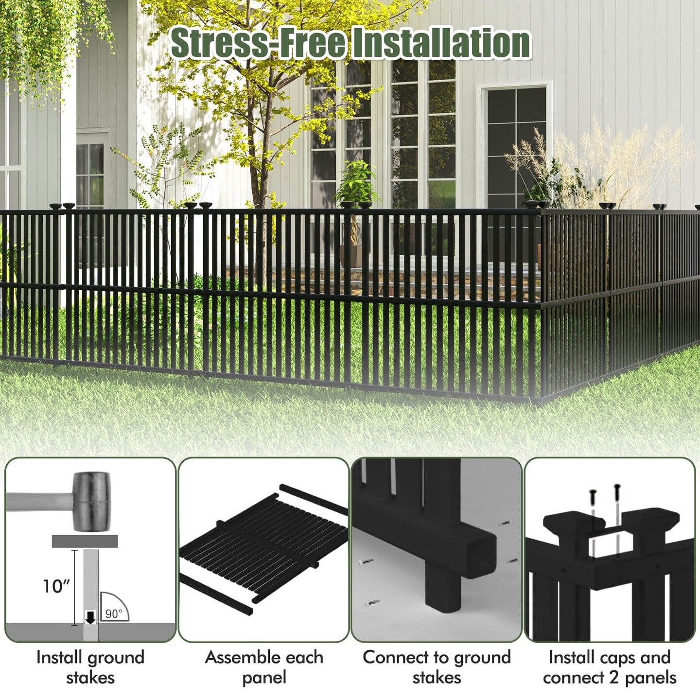 Costway 2/4 PCS Air Conditioner Fence Panels with Metal Ground Stakes No Dig Trash Can Enclosure Black