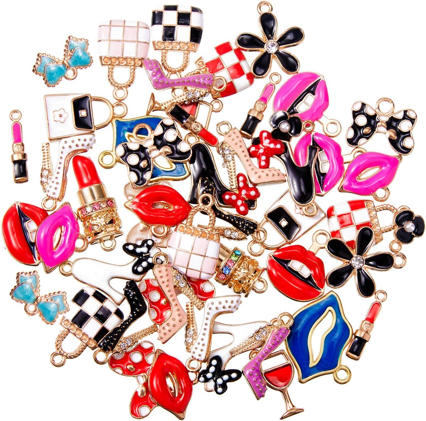 50 Pieces Enamel Charms for Bracelet Jewelry Making Women Makeup Earrings Lipstick Craft Pendant High Heel Designer Charms Mixed Gold Plated Wallet Flower Bow Items for DIY Necklace