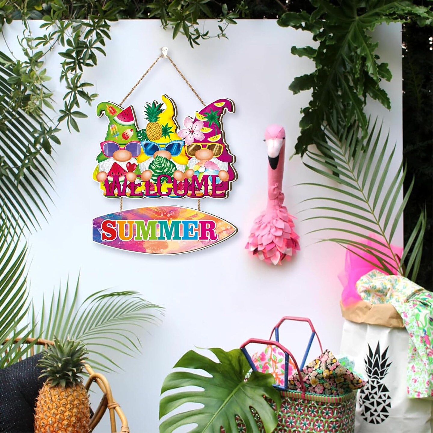 Summer Welcome Sign,Hello Summer Door Hanger,Gnomes Wall Decor for Front Door,Gnome Welcome Sign,Tropical Fruit Pool Beach Wall Decoration for Outdoor Farmhouse Indoor Porch Yard Office
