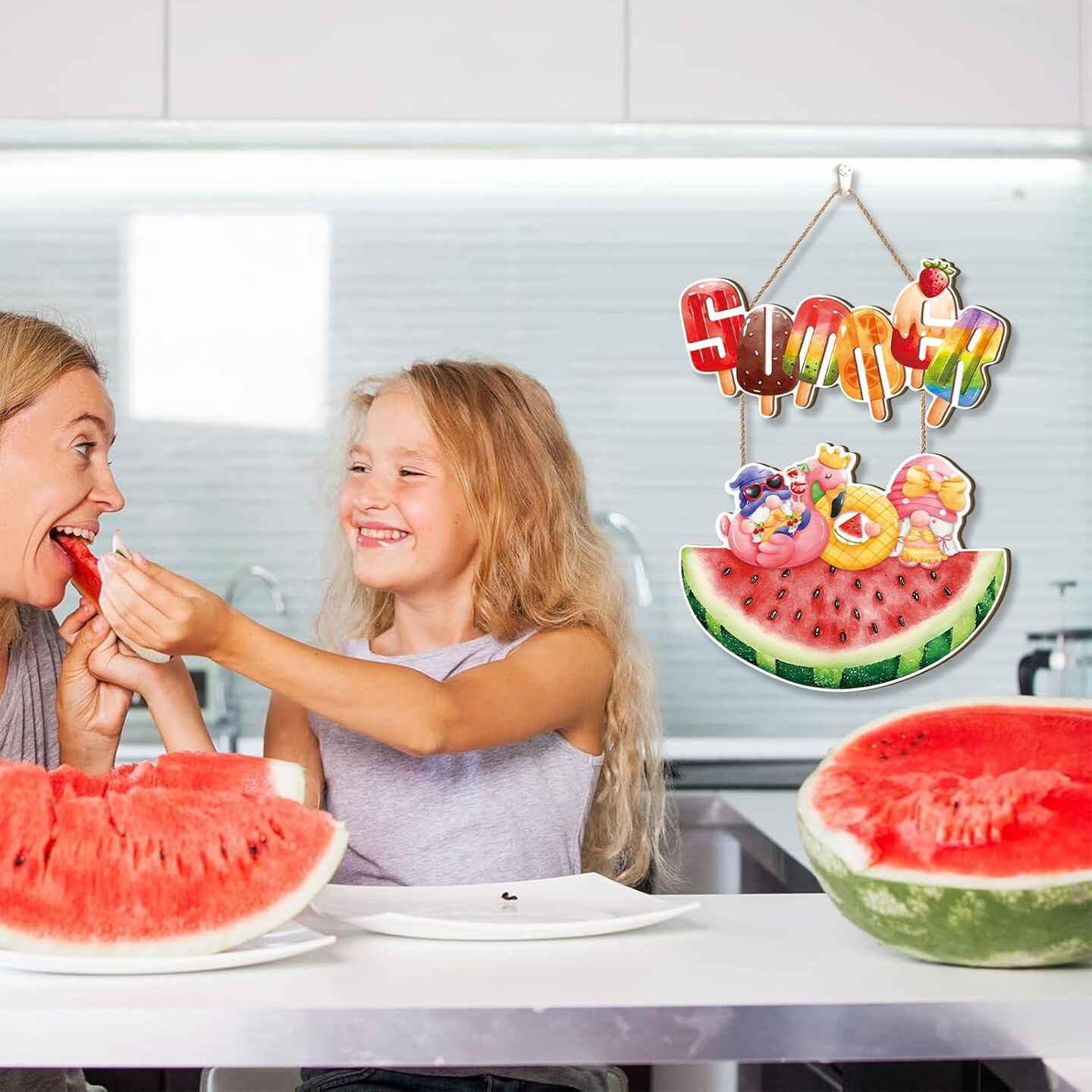 Hello Summer Door Sign,Watermelon Door Hanger,Summer Welcome Wood Decor,Watermelon Gnome Hanging Decor,Popsicle Ice Lolly Ice Cream Wall Plaque for Outdoor Home Office Yard Porch Pool Party