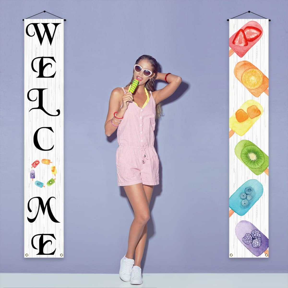 Summer Popsicle Porch Banner. “Welcome Summer” Seasonal Holiday Decoration for Front Door, Wall, or Party. Farmhouse-Style Hanging Sign