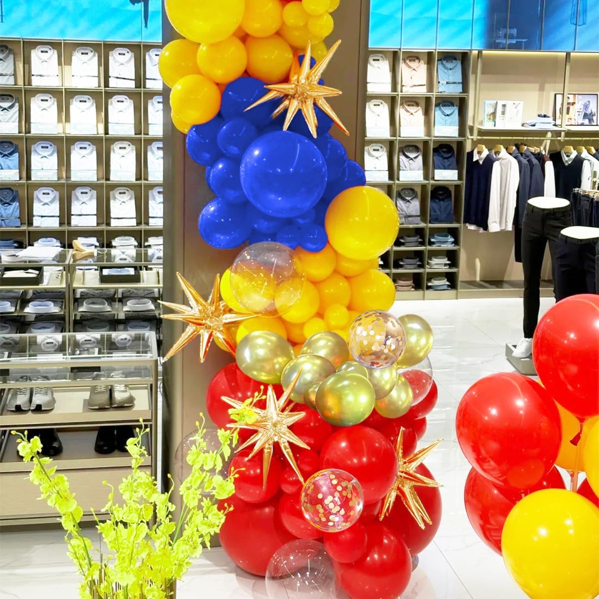 Blue Yellow Red and Gold Balloon Arch Kit, 156Pcs Latex Baloons Garland with 4D Star Balloons