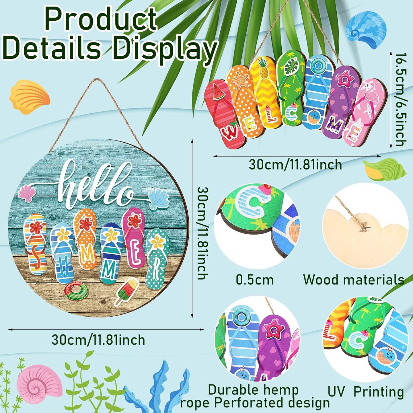 2 Pcs Hello Summer Slippers Hanging Sign Flip Flop Welcome Door Decor Rustic Summer Wall Decor for Door Indoor Yard Outdoor Garden Decoration with Rope