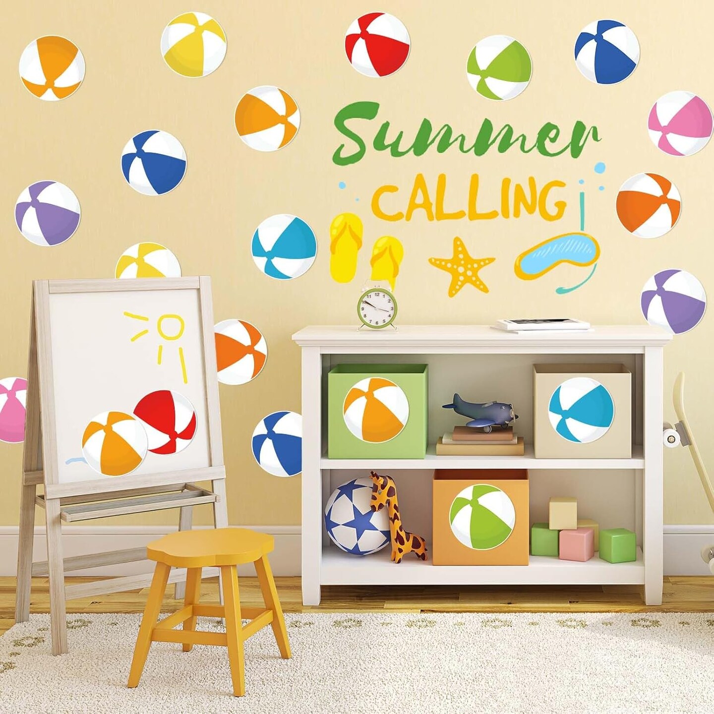45Pcs Summer Cutouts Colorful Beach Ball Paper Cut-Outs 9 Colors Pool Ball Bulletin Board Decor with 100Pcs Glue Points for DIY Art Craft Wall Home Party