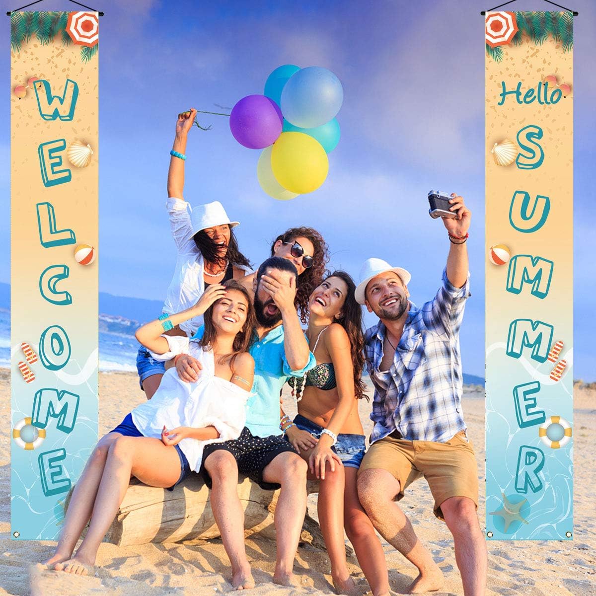 Welcome Hello Summer Porch Banner Beach Themed Sea Palm Leaves Starfish Seashell Holiday Party Front Door Wall Sign Decoration