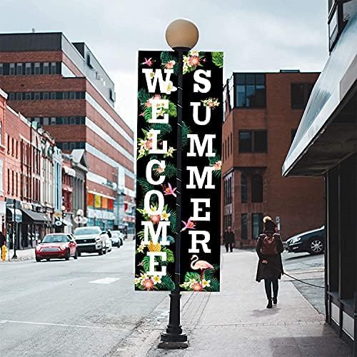 Welcome Summer Porch Sign, Floral Flamingo Welcome Summer Banners for Outside Door, Hawaii Party Decorations, Hanging Banner Flag, Door Hanging Banners Supplies
