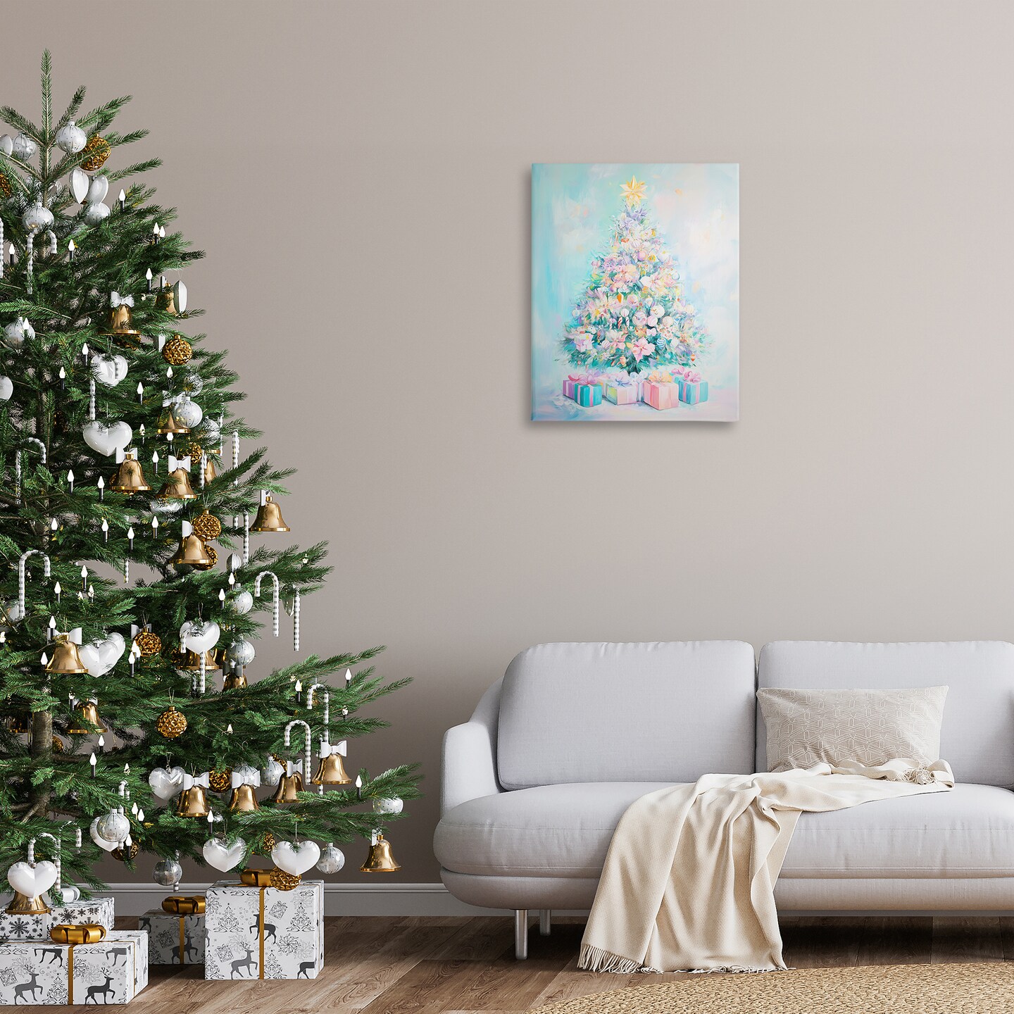 Stupell Industries Pastel Christmas Tree on Blue Canvas Design by Arlington Prints