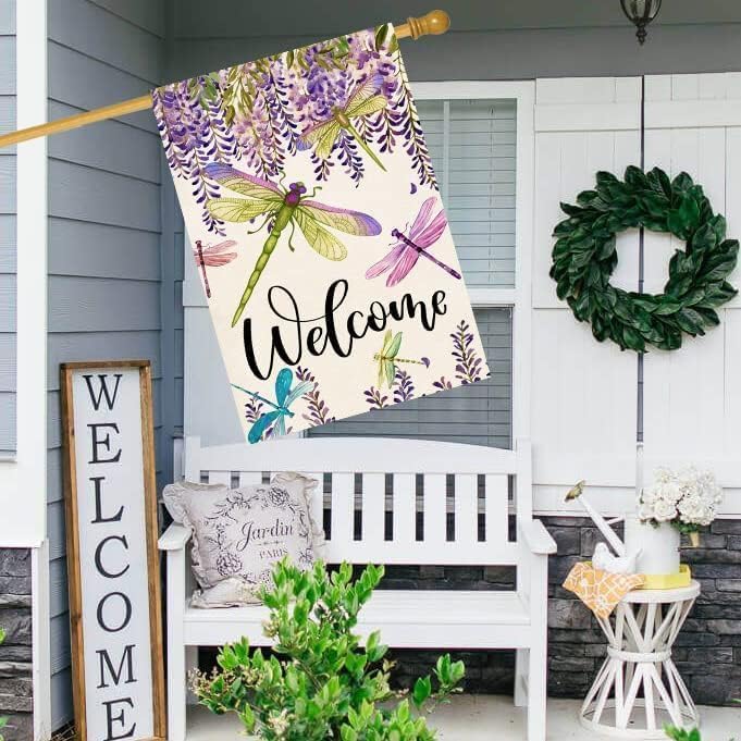 Spring Summer Flower House Flag Wisteria Dragonfly Floral Welcome House Flag Burlap Double Sided Vertical Seasonal Farmhouse Wedding Yard Outdoor Decoration 28 x 40 Inch (Large)