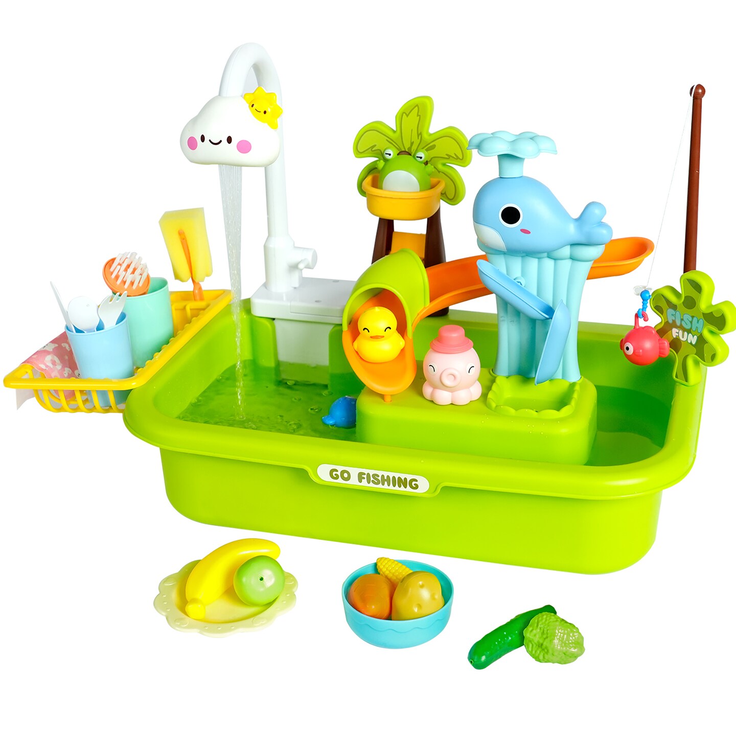 Easy Playhouse: 4-In-1 Play Sink - Running Water Electric Faucet, Kitchen &#x26; Food Accessories, Waterpark Theme, Fishing Games, Bath Toys, Kids Age 3+