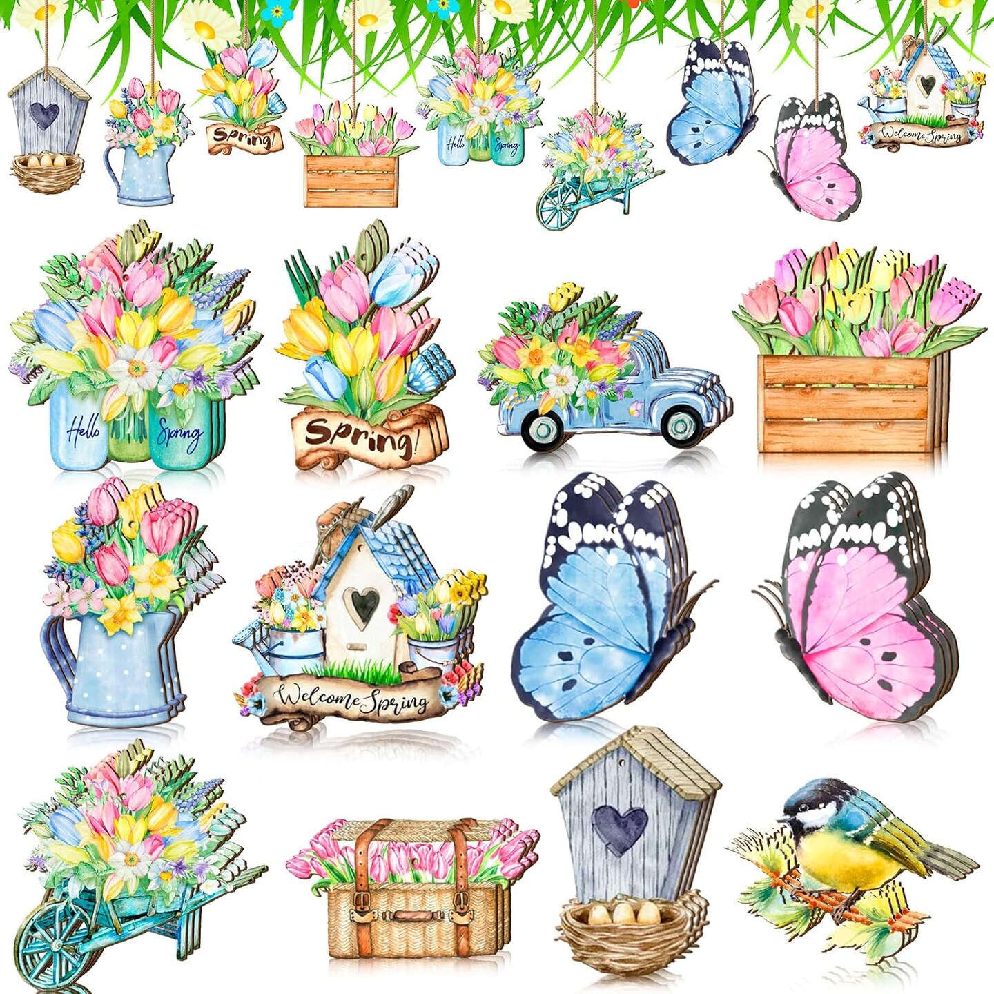 36 Pcs Vintage Spring Ornaments for Tree Decorations Wooden Hanging Tulip Floral Ornaments Spring Hawaii Decorations
