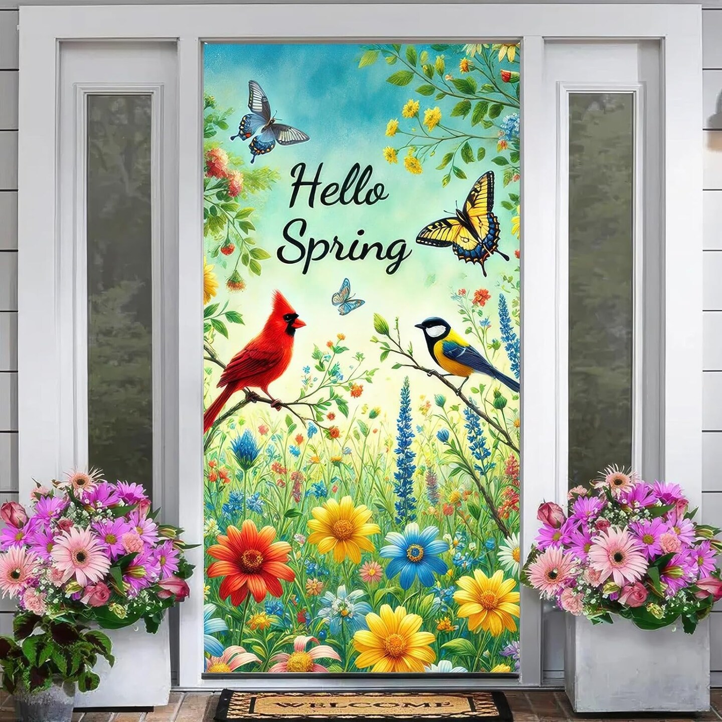 Spring Door Cover 71x35 Inch Bird Flower Door Banner Hello Spring Seasonal Front Door Decoration for Welcome Holiday Spring Summer Easter Decor Indoor Outdoor