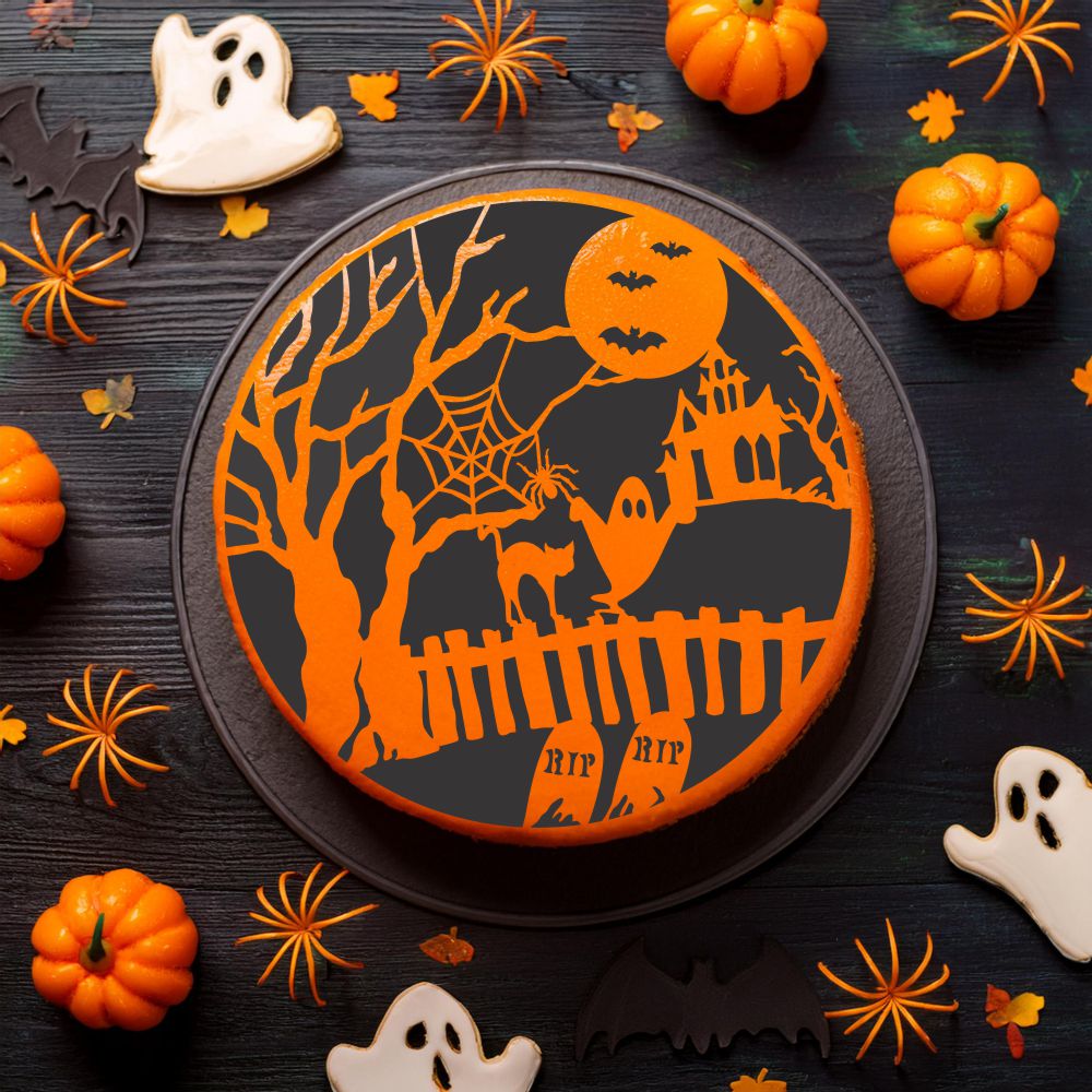 Halloween Fright Cake Stencil Top | C459 by Designer Stencils | Cake Decorating Tools | Baking Stencils for Royal Icing, Airbrush, Dusting Powder | Reusable Plastic Food Grade Stencil for Cakes | Easy to Use &#x26; Clean Cake Stencil