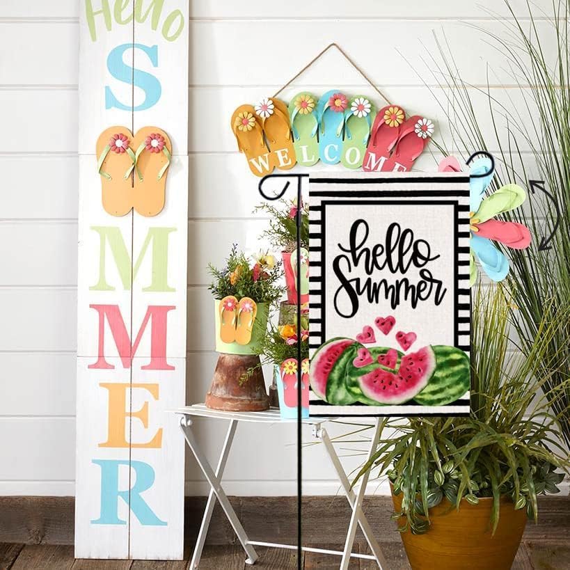 Hello Summer Watermelon Garden Flag Double Sided Black Stripes Watermelon Fruit Cool Summer Yard Flag Seasonal Holiday Outdoor Outside Decoration 12.5x18 Inch
