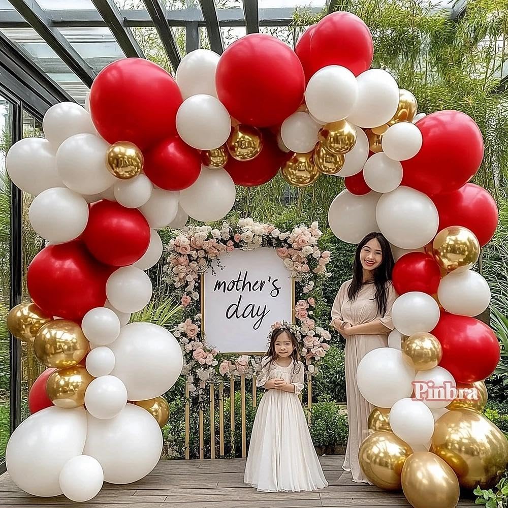 Red White Gold Balloon Arch Double Stuffed Ruby Red White Metallic Gold Balloon Garland Kit