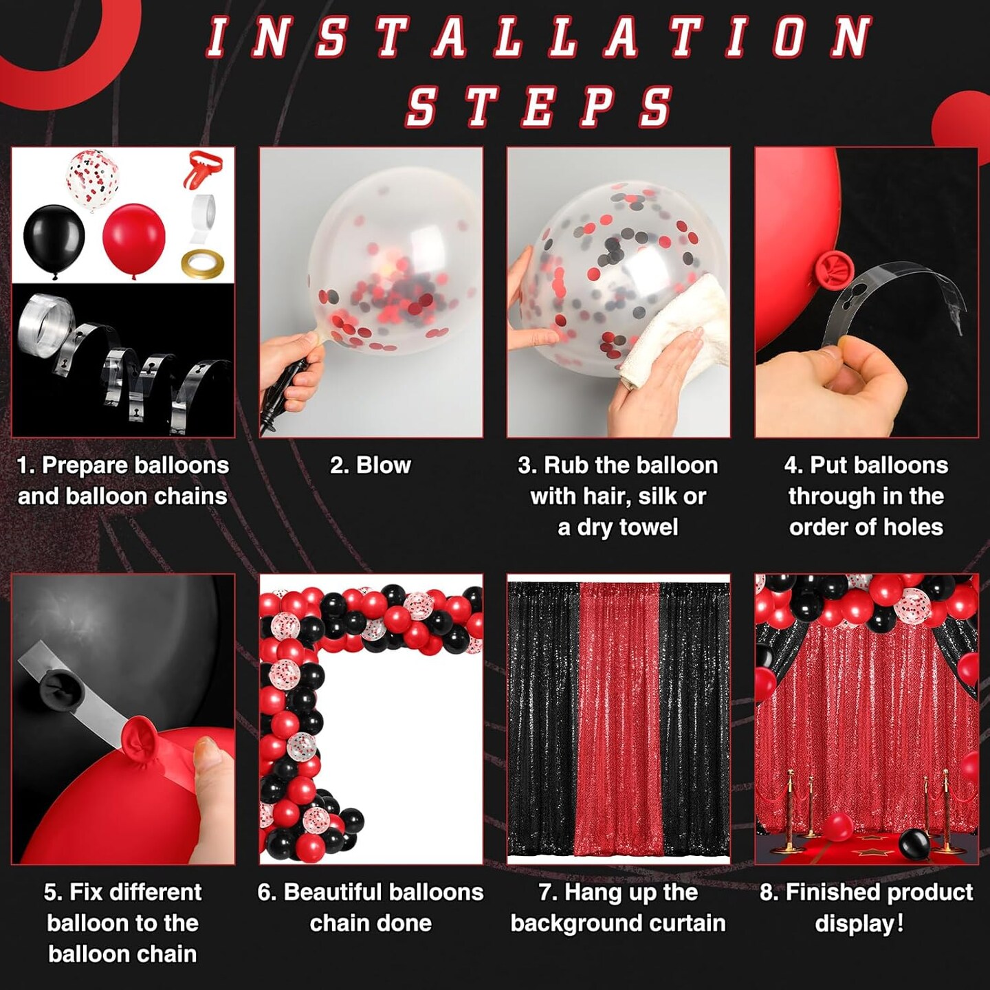 137 Pcs Black Red Party Decorations with 4 Sequin Backdrop Curtain 133 Balloon Arch Kit 2025 Graduation Decorations Birthday Party Photo Backdrop for Wedding Anniversary Decor