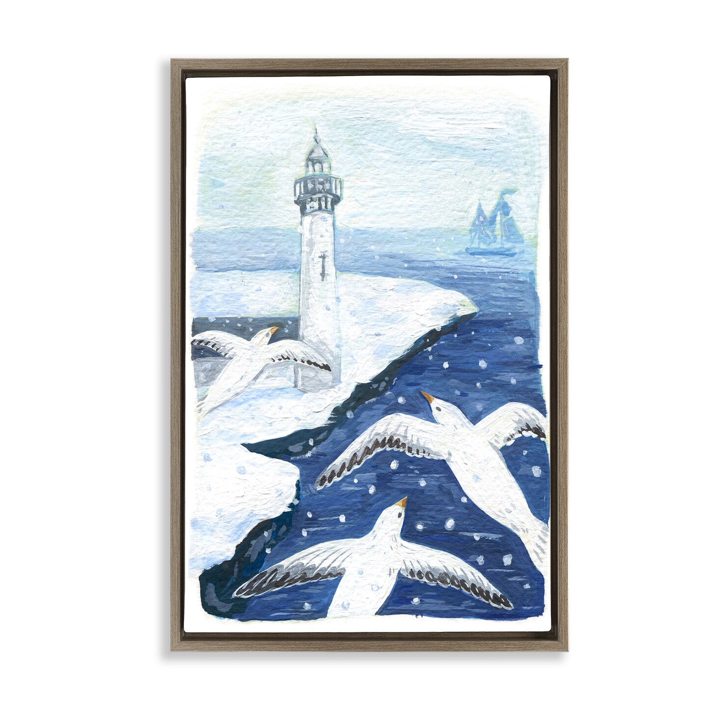 Stupell Industries Snowy Winter Harbor Birds Floating Frame Design by Hannah Moren