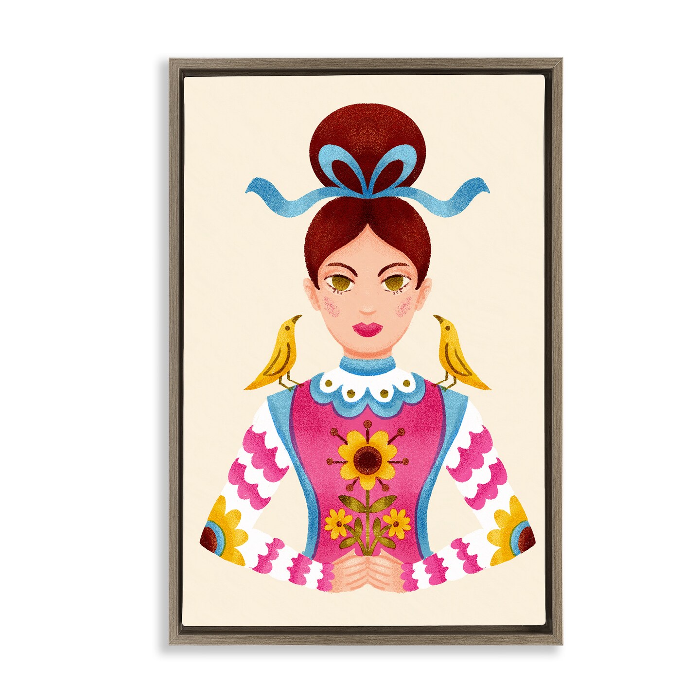 Stupell Industries Brunette Girl with Birds Floating Frame Design by Hannah Moren
