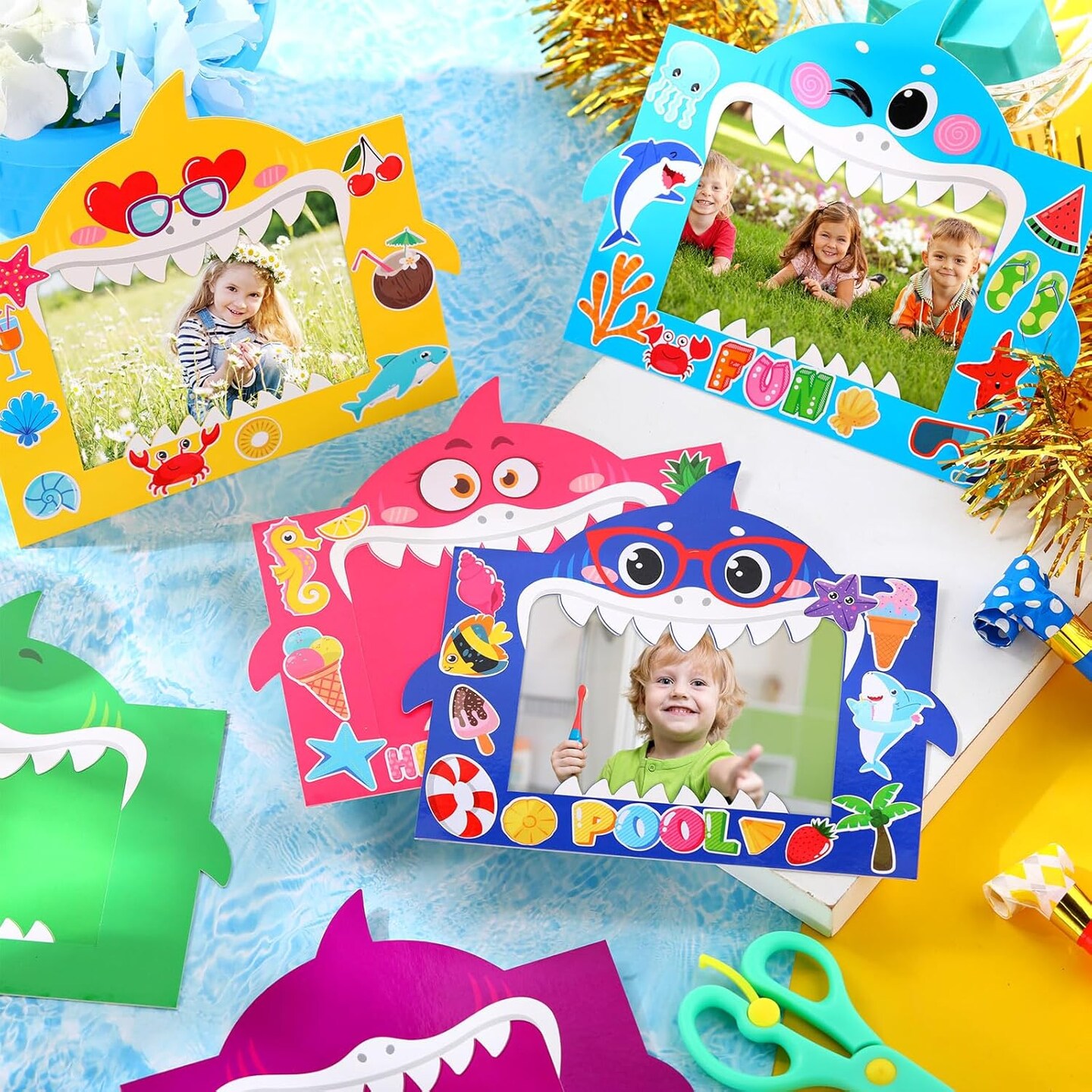 48 Pcs Summer DIY Picture Frames Craft Kits with Sticker Shark Shape Picture Frames Sea Theme Photo Frame Handmade Craft Decorate Gifts