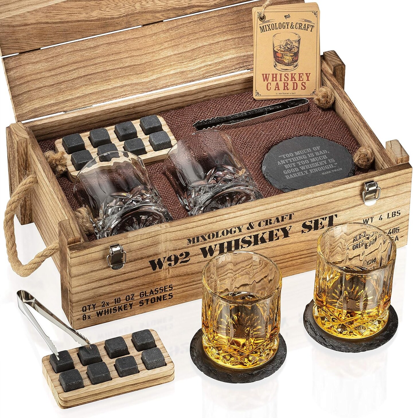 Whiskey Stones Gift Set, Whiskey Glass and Stones Set with Wooden Army Crate, 8 Granite Whiskey Rocks Chilling Stones and 10oz Whiskey Glasses, Whiskey Gift for Men, Dad, Husband