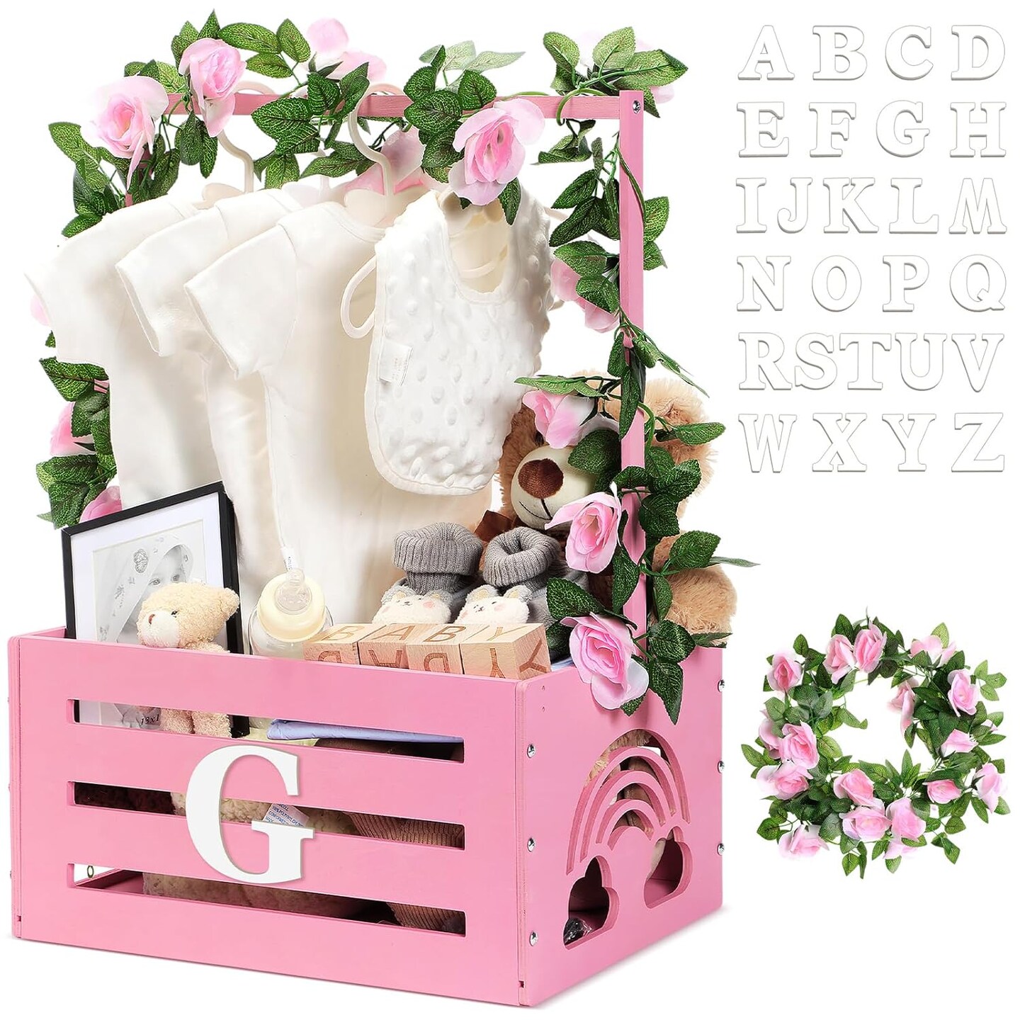 Wooden Baby Shower Crate Closet Rainbow Baby Storage Crate Hamper with Handle Garland 26 Letter Basket Baby Shower Wooden Gift Crate for Girls Boys Pregnancy Gifts for Parents (Pink)