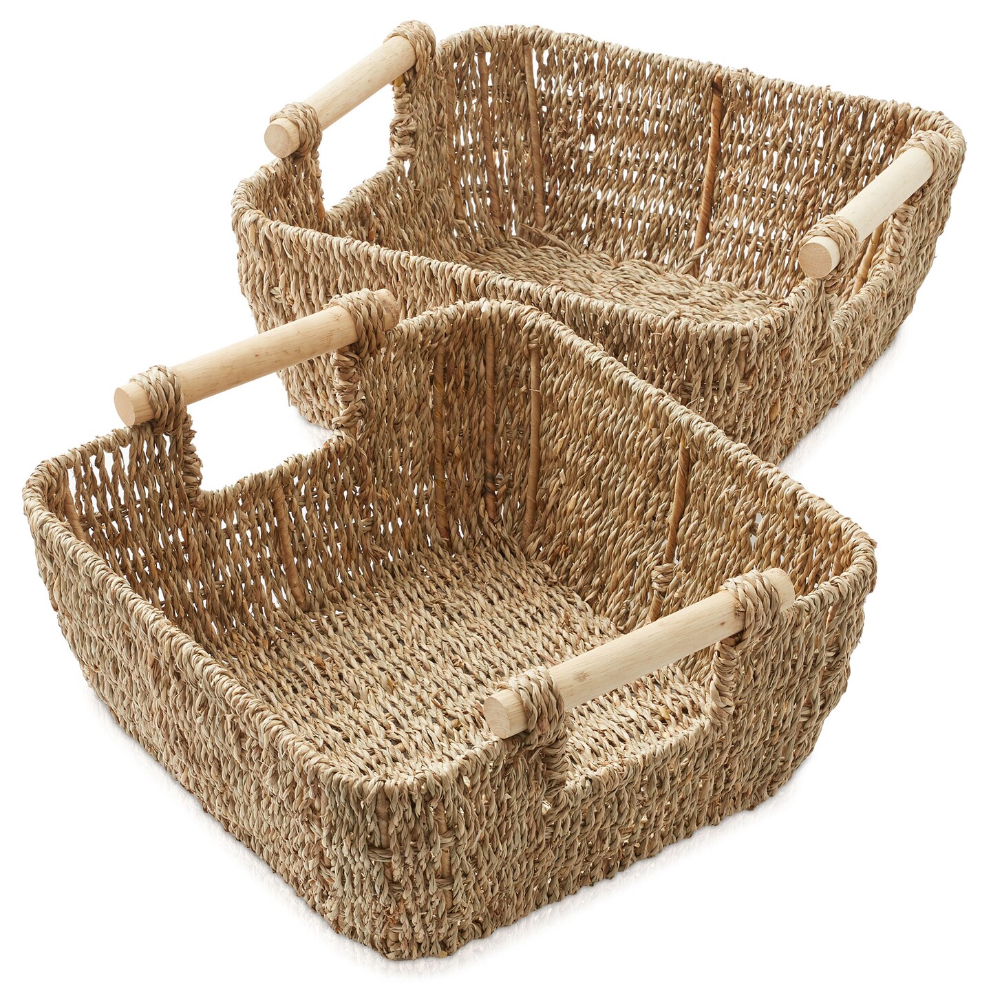 Casafield Set of 2 Water Hyacinth Seagrass Oval Storage Baskets with Wooden Handles - Woven Bin Organizers