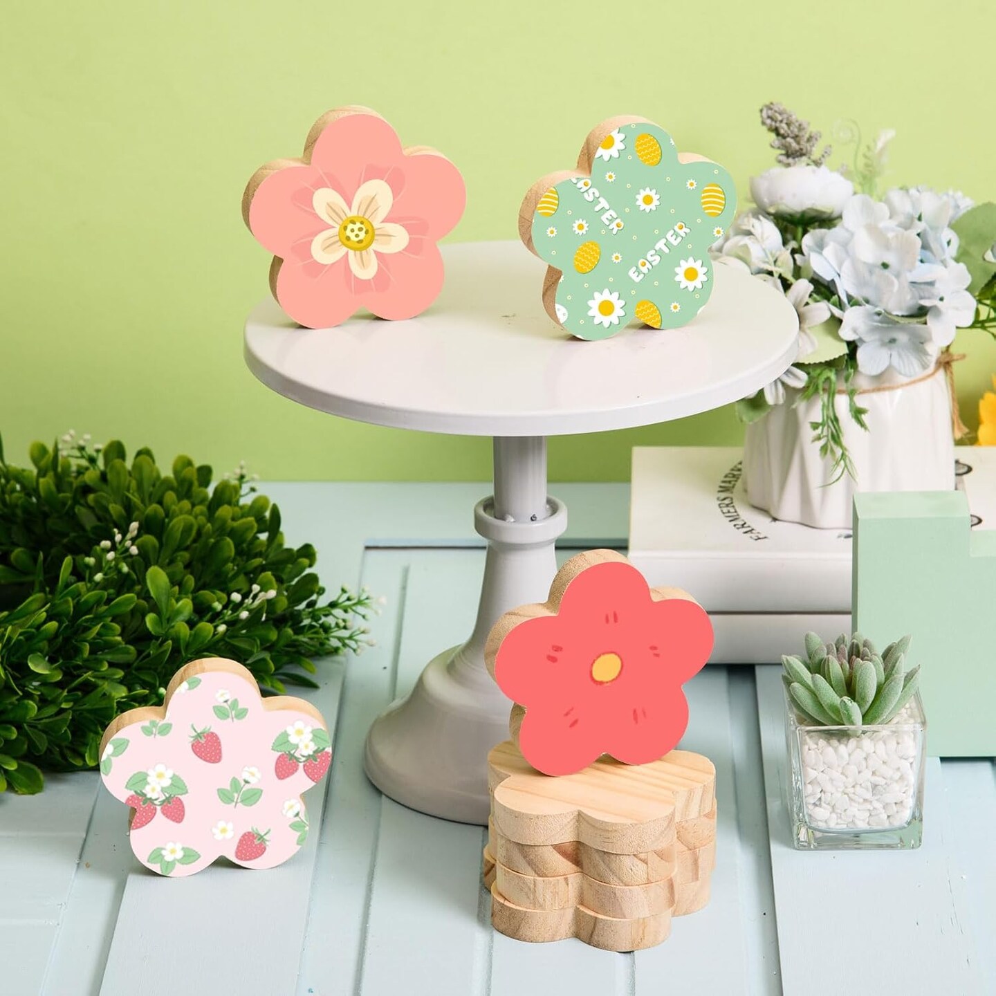12 Pcs Spring Flower Wooden Cutouts Unfinished Flower Shaped Table Signs Wooden Flowers Blocks to Paint Blank Wooden Table Centerpieces for DIY Crafts Spring Home Shelf Tiered Tray