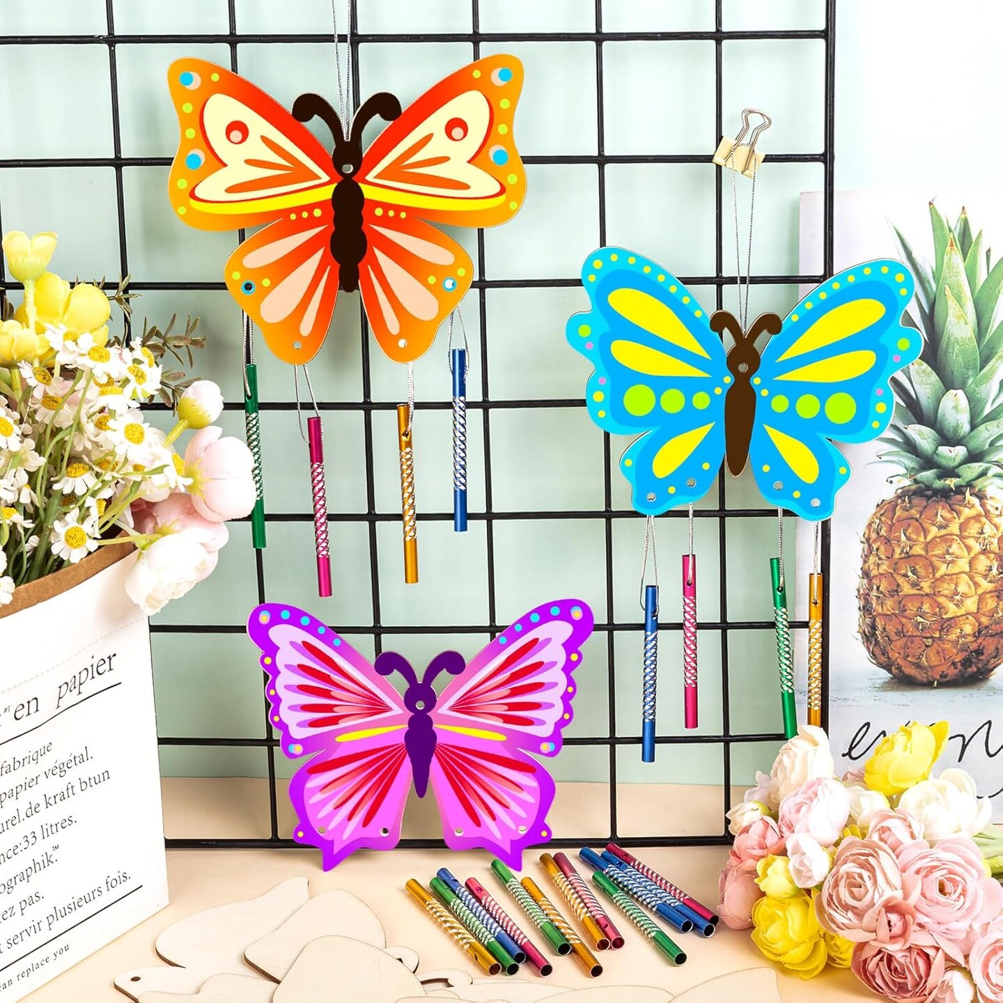 8Pcs Spring Butterfly Wind Chime Kit, Wooden Wind Chime Kits for Kids, Butterfly Party Favors for DIY Craft for Birthday and Summer