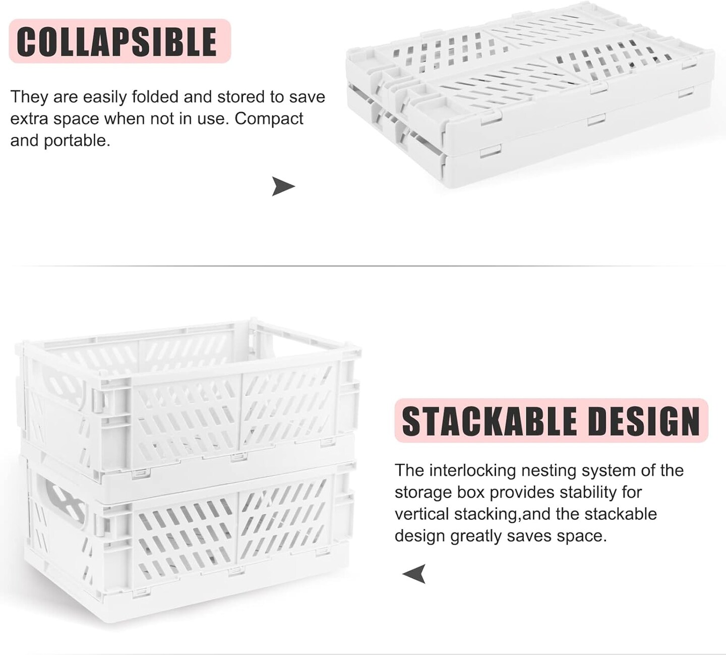 Plastic Storage Baskets – 2 Medium & 2 Small Folding Crates for Desk, Drawer, Home, Kitchen, Office, Bedroom, Bathroom, and Classroom Organization (White)