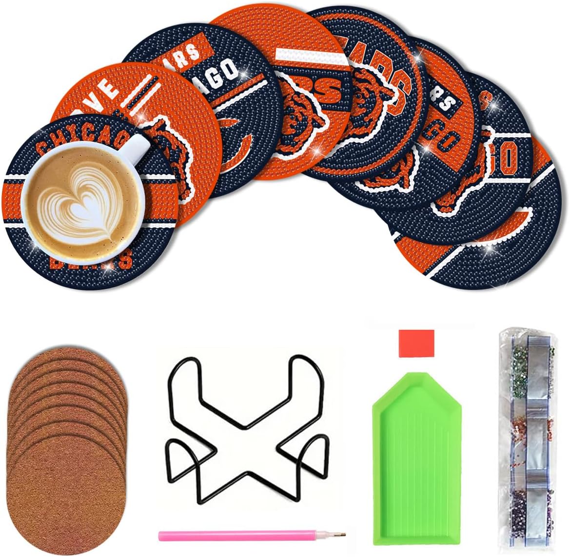 8 Pcs Diamond Painting Coasters Kit, DIY Football Diamond Art Coasters with Holder for Chicago Adults Diamond Art Crafts Supplies