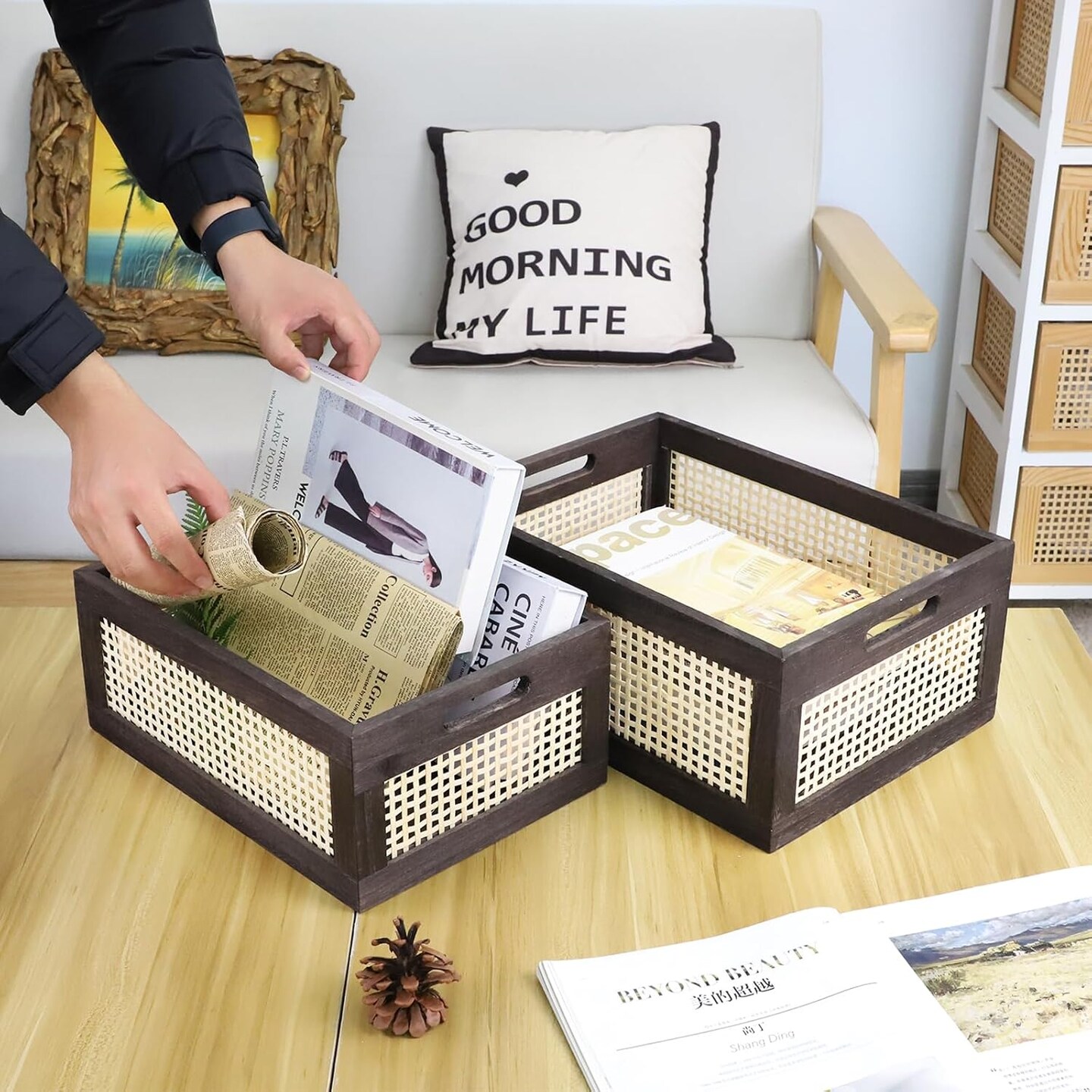 Rattan Storage Baskets, Wicker Storage Baskets for Shelves, Wooden Crate. (Brown-Set2)